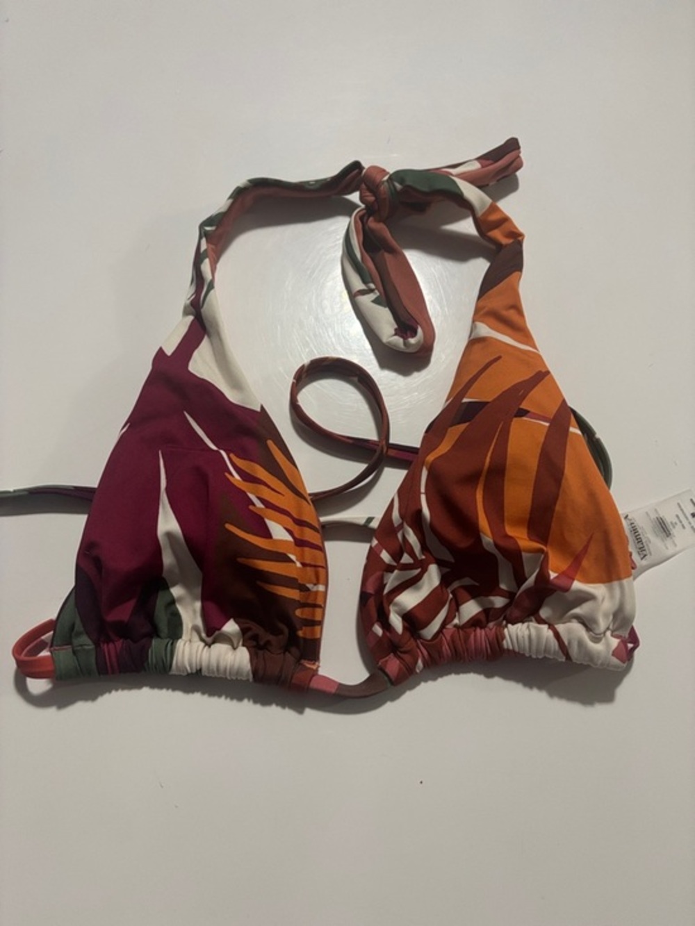 Vitamin A Tropical Print Triangle Bikini Top in Burgundy, Orange, Green